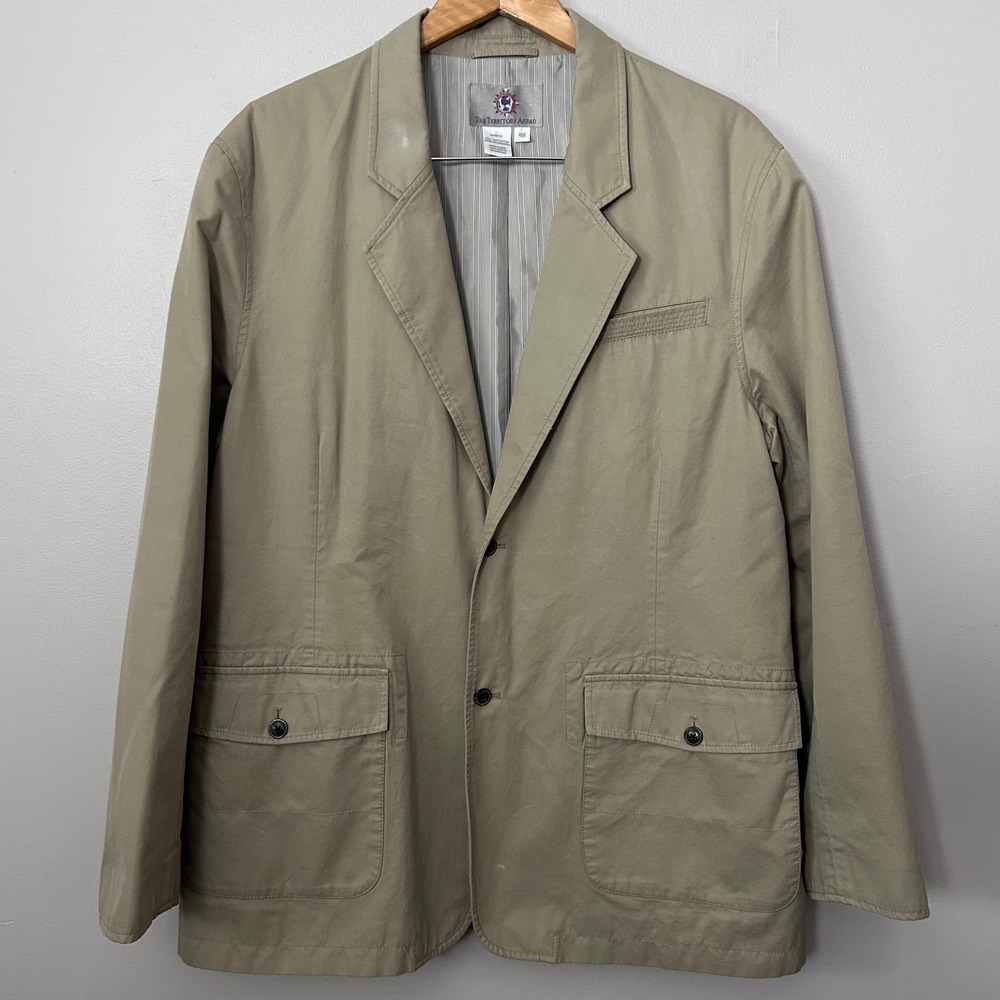 The Territory Ahead Blazer Mens 46R Khaki Cotton Safari Travel Sport Coat Flaws